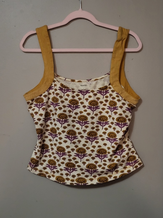 Maeve Tops - Maeve Cream Tank Top with Mustard Straps and Purple Floral Print Anthropologie